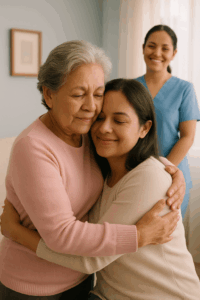 Cuidado para adultos mayores en casa con enfermera profesional y atención personalizada.