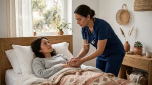 enfermera-paciente-joven-recuperacion-postoperatoria.webp Enfermera brindando cuidados después de una cirugía a paciente joven